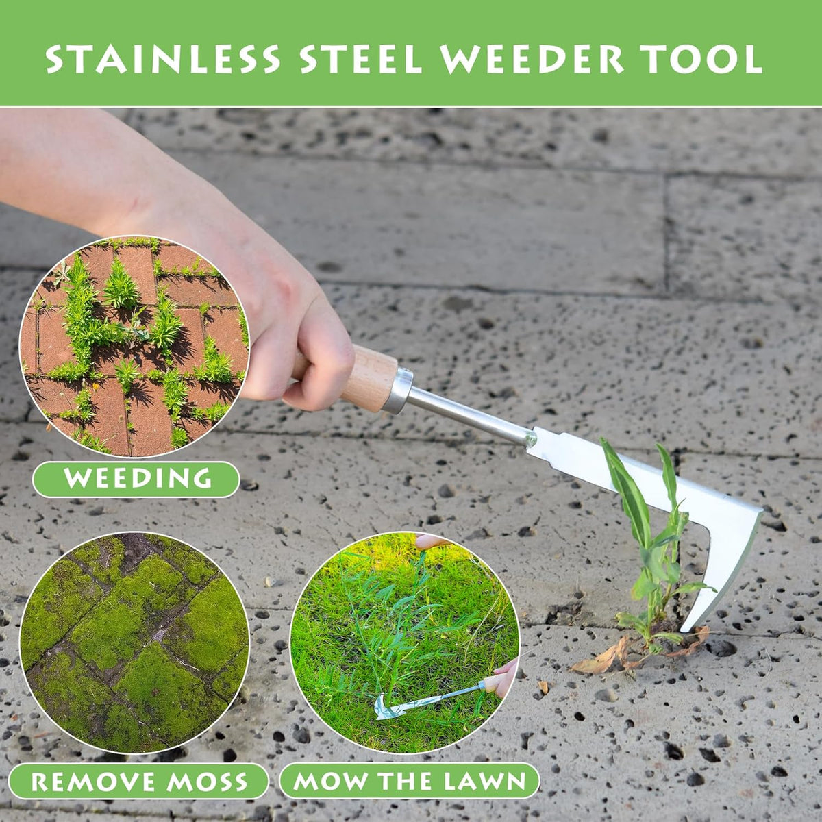 Crack Weeder, 12" Stainless Steel Crevice Weeding Tool with Wood Handle, Axe-Shaped Side-Walk Weed Puller Spatula, for Garden Lawn Yard Patio Terrace Paving Moss, Small Gardening Tool