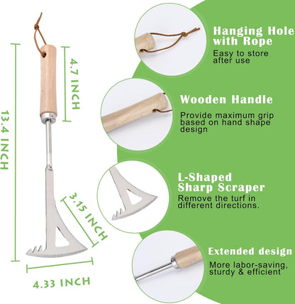 Crack Weeder, 12" Stainless Steel Crevice Weeding Tool with Wood Handle, Axe-Shaped Side-Walk Weed Puller Spatula, for Garden Lawn Yard Patio Terrace Paving Moss, Small Gardening Tool