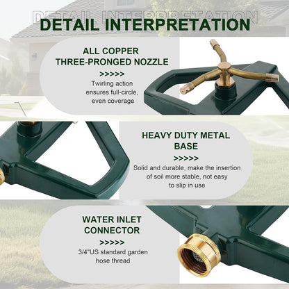 Metal Rotating Water Sprinkler for Lawn,Brass 3 Arm Impact Heavy Duty Whirling Circular Sprinkler，Suitable for Small lawns and Gardens, Yards
