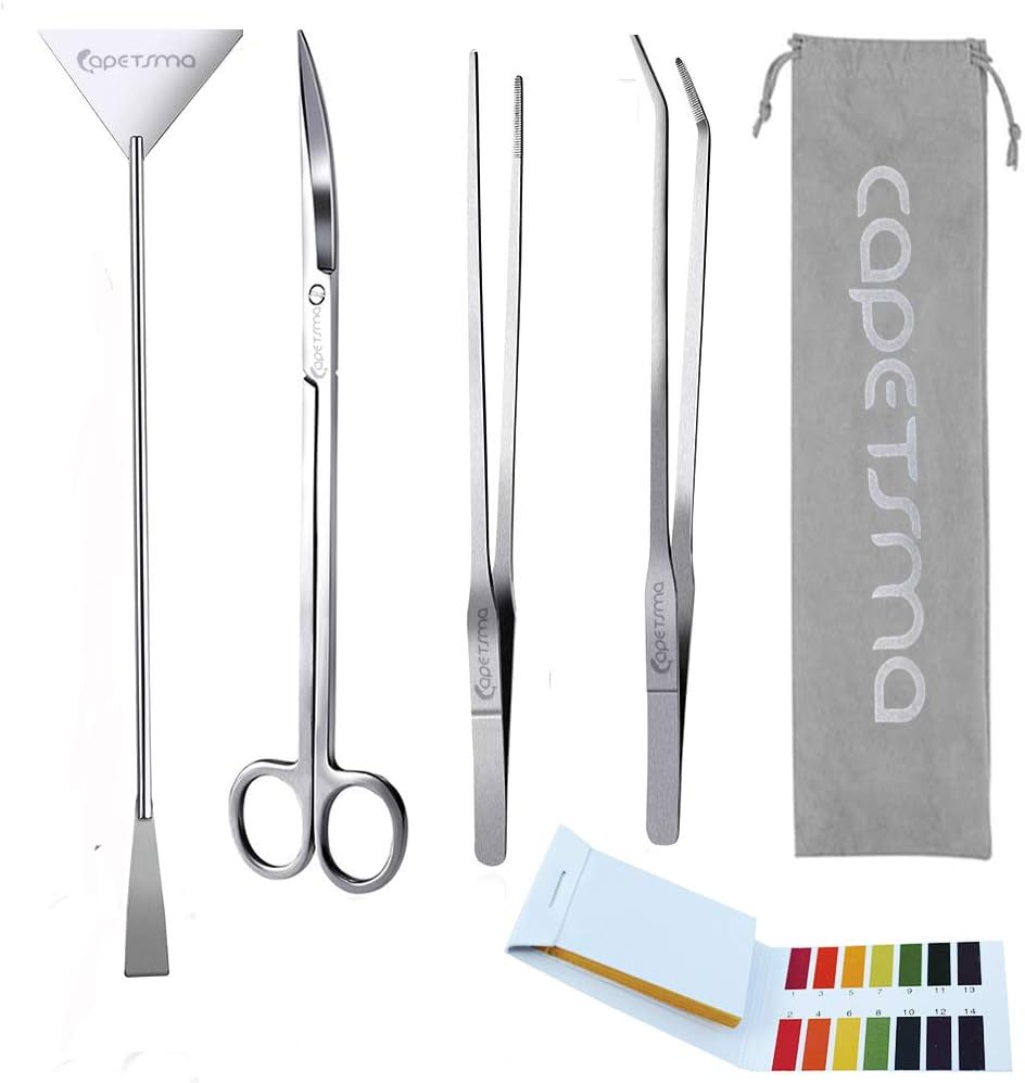 Aquascape Long Stainless Steel Plant Tools Set - Aquarium Tweezers, Scissors, Spatula, Algae Scrapers - Fish Tank Cleaning Kit