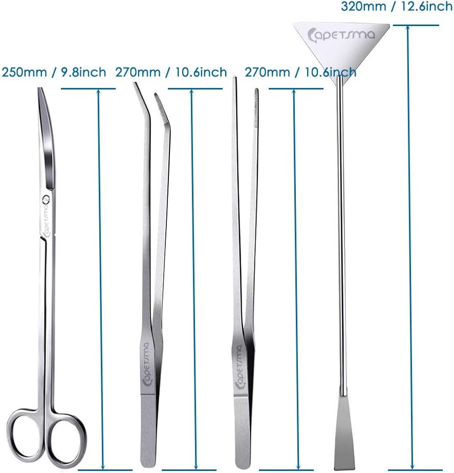 Aquascape Long Stainless Steel Plant Tools Set - Aquarium Tweezers, Scissors, Spatula, Algae Scrapers - Fish Tank Cleaning Kit