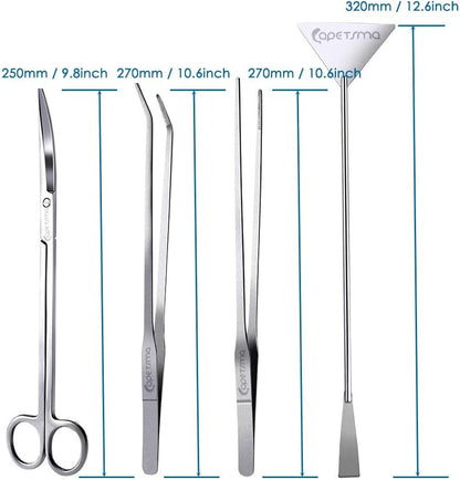 Aquascape Long Stainless Steel Plant Tools Set - Aquarium Tweezers, Scissors, Spatula, Algae Scrapers - Fish Tank Cleaning Kit