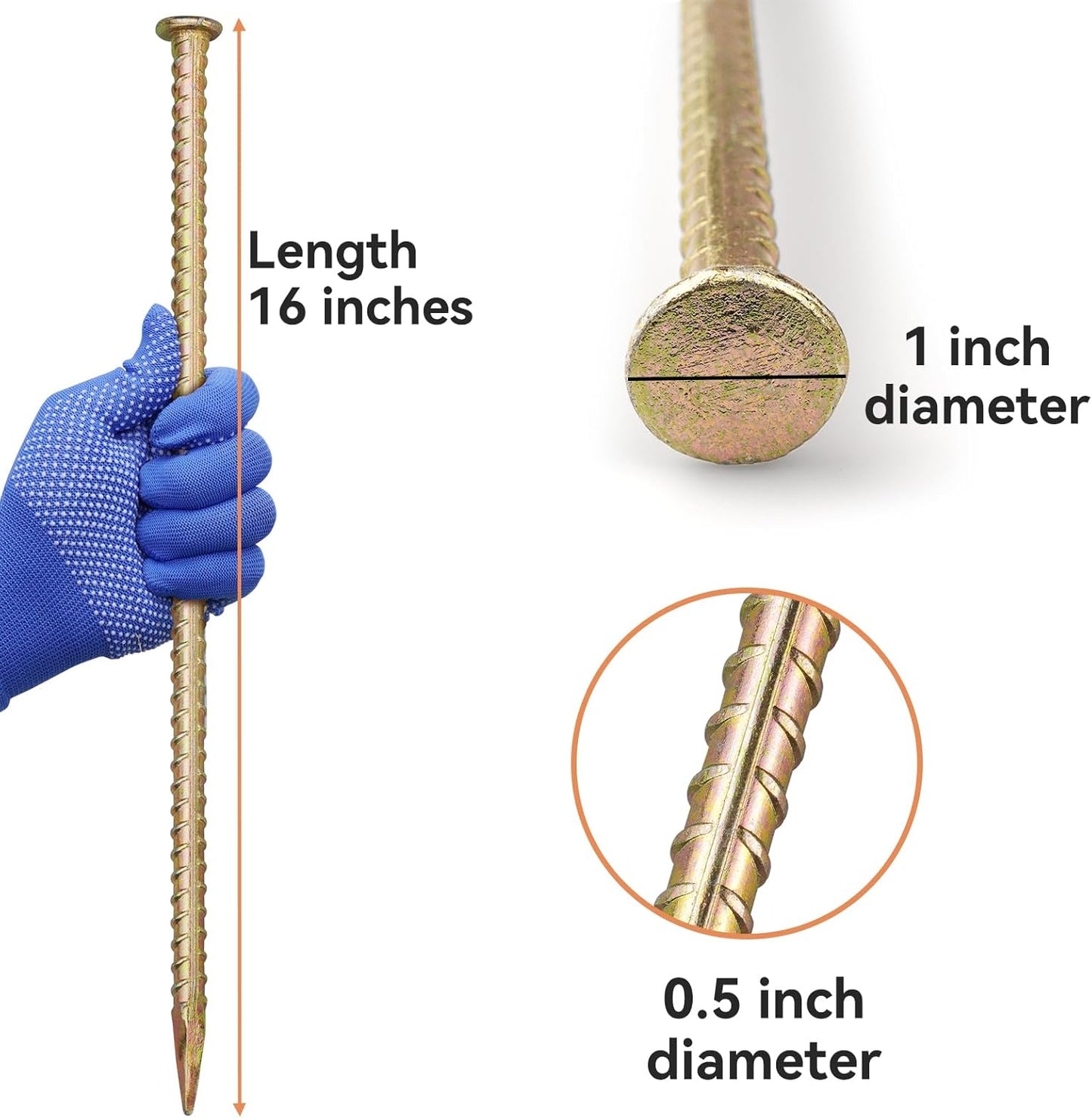 16 Inch Rebar Stakes - 1/2 Inch Diameter Galvanized Steel Ground Anchors - Heavy Duty Plant Support Garden Stake for Speed Bump, Wheel Stop, Tent (6 Pack)
