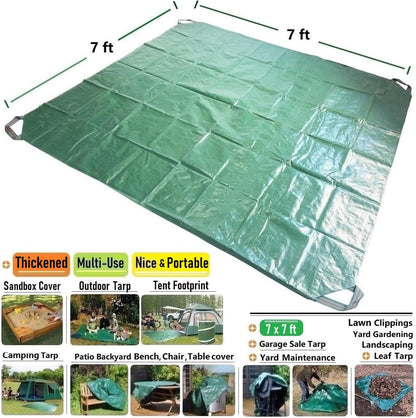 7x7 Ft Yard Garden Leaf Tarp W/ 4 Handles Waterproof Tarp for Sandbox Cover,Outdoor Tarpaulin,Lawn Debris,Landscape Pruning,Leaf Hauler,Tent Footprint,Camping Tent Mat,Patio Table,Yard Fire Pit Cover