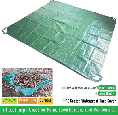 7x7 Ft Yard Garden Leaf Tarp W/ 4 Handles Waterproof Tarp for Sandbox Cover,Outdoor Tarpaulin,Lawn Debris,Landscape Pruning,Leaf Hauler,Tent Footprint,Camping Tent Mat,Patio Table,Yard Fire Pit Cover