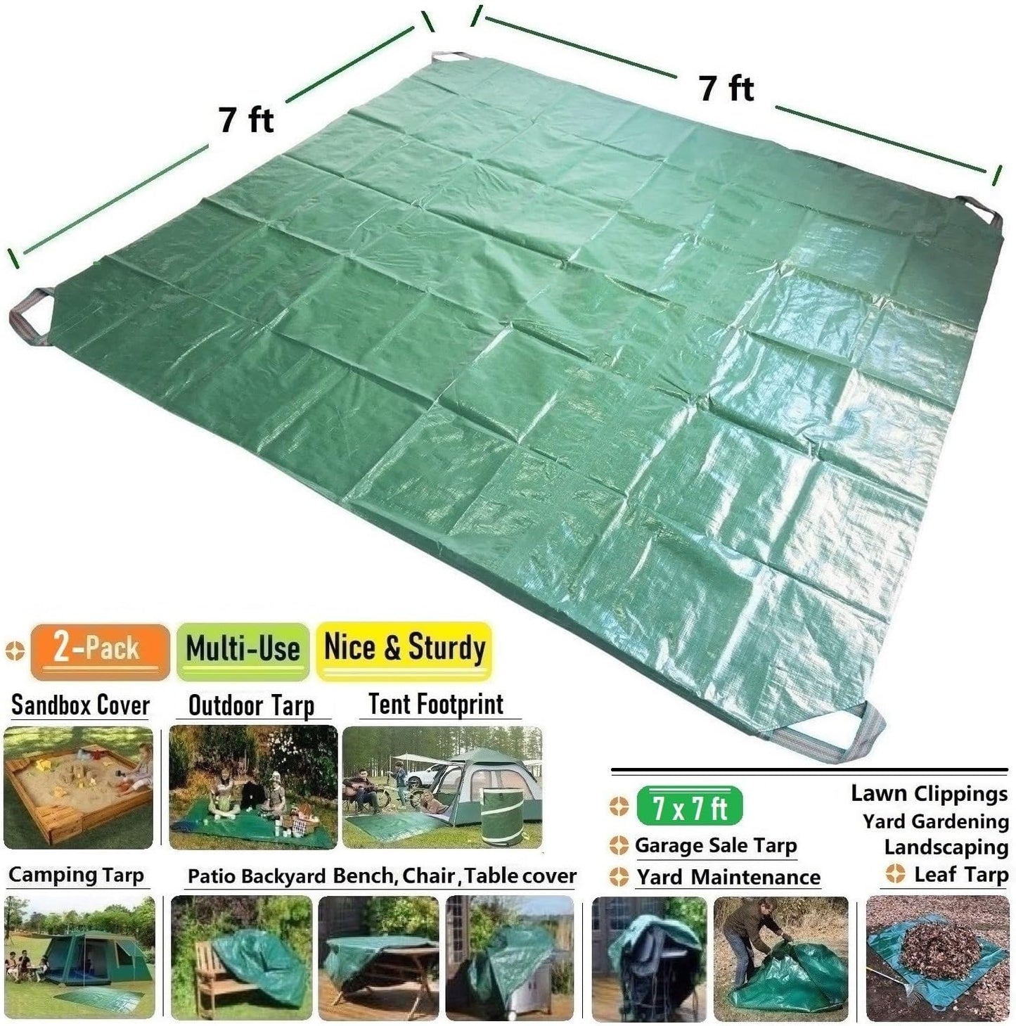 7x7 Ft Yard Garden Leaf Tarp W/ 4 Handles Waterproof Tarp for Sandbox Cover,Outdoor Tarpaulin,Lawn Debris,Landscape Pruning,Leaf Hauler,Tent Footprint,Camping Tent Mat,Patio Table,Yard Fire Pit Cover