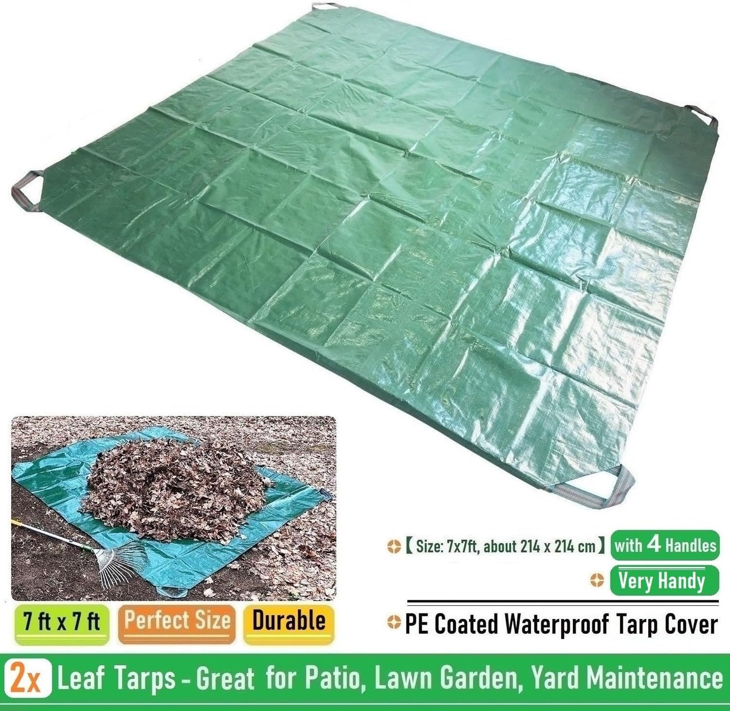 7x7 Ft Yard Garden Leaf Tarp W/ 4 Handles Waterproof Tarp for Sandbox Cover,Outdoor Tarpaulin,Lawn Debris,Landscape Pruning,Leaf Hauler,Tent Footprint,Camping Tent Mat,Patio Table,Yard Fire Pit Cover