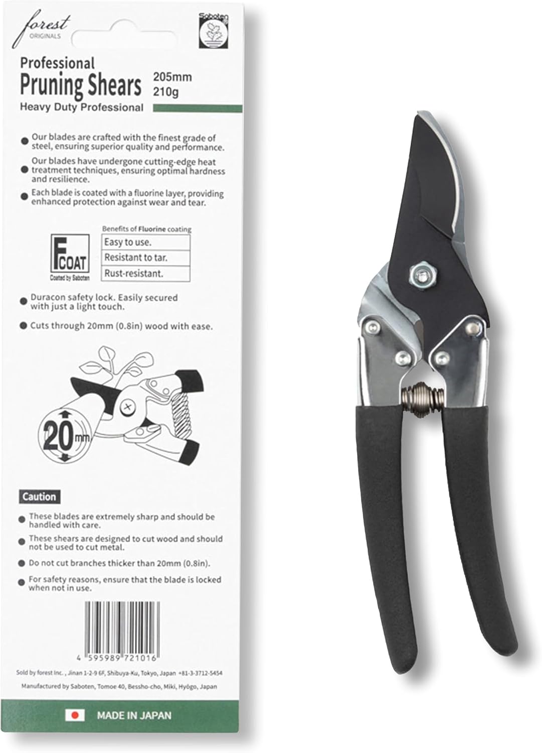 Saboten Japanese Pruning Shears 7.9" – Professional Bypass Garden Clippers, Made in Japan, Sharp Carbon Steel Blade with Sap-Resistant Fluorine Coating, Cuts up to 3/4 in (20 mm)