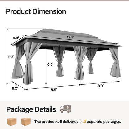 10x20 Gazebo Canopy with 100FT String Lights, Metal Heavy Duty Patio Canopy Tent with Double Roofs, Mosquito Nettings and Privacy Screens for Backyard, Garden, Lawn, Gray