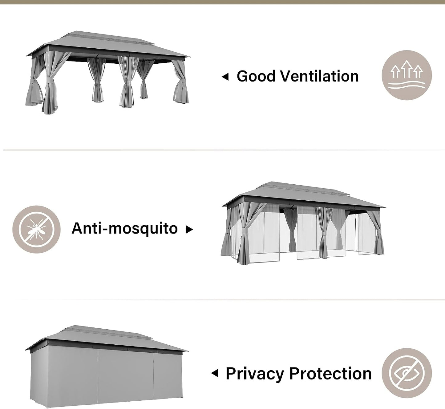 10x20 Gazebo Canopy with 100FT String Lights, Metal Heavy Duty Patio Canopy Tent with Double Roofs, Mosquito Nettings and Privacy Screens for Backyard, Garden, Lawn, Gray