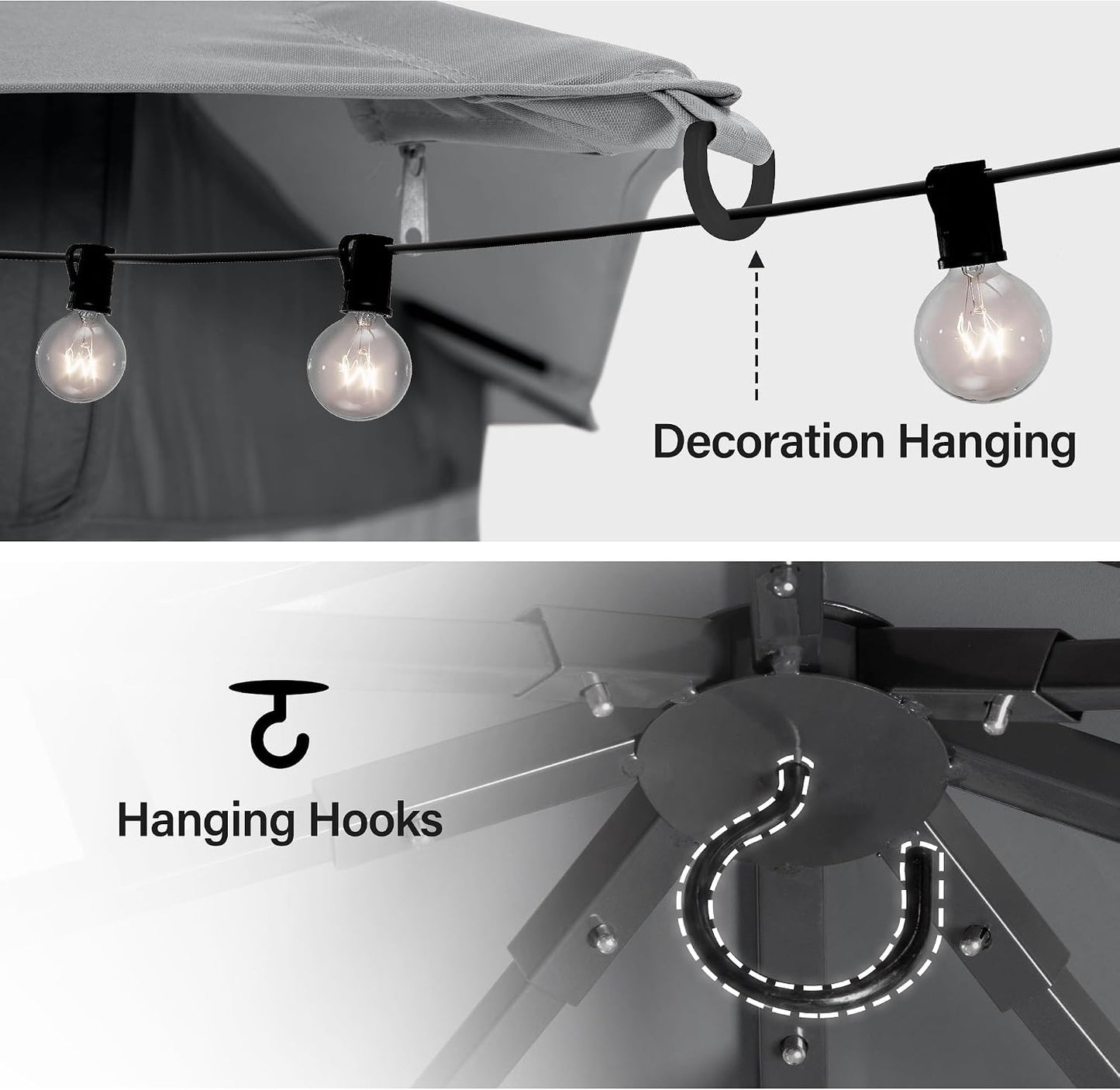 10x20 Gazebo Canopy with 100FT String Lights, Metal Heavy Duty Patio Canopy Tent with Double Roofs, Mosquito Nettings and Privacy Screens for Backyard, Garden, Lawn, Gray