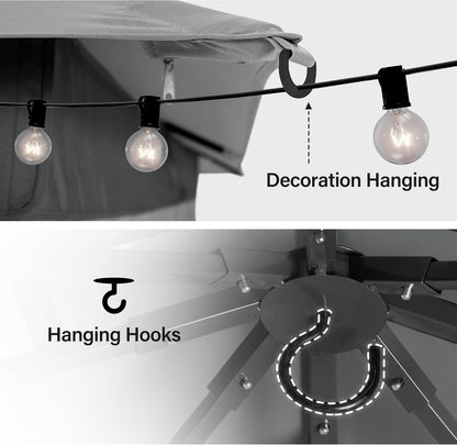 10x20 Gazebo Canopy with 100FT String Lights, Metal Heavy Duty Patio Canopy Tent with Double Roofs, Mosquito Nettings and Privacy Screens for Backyard, Garden, Lawn, Gray