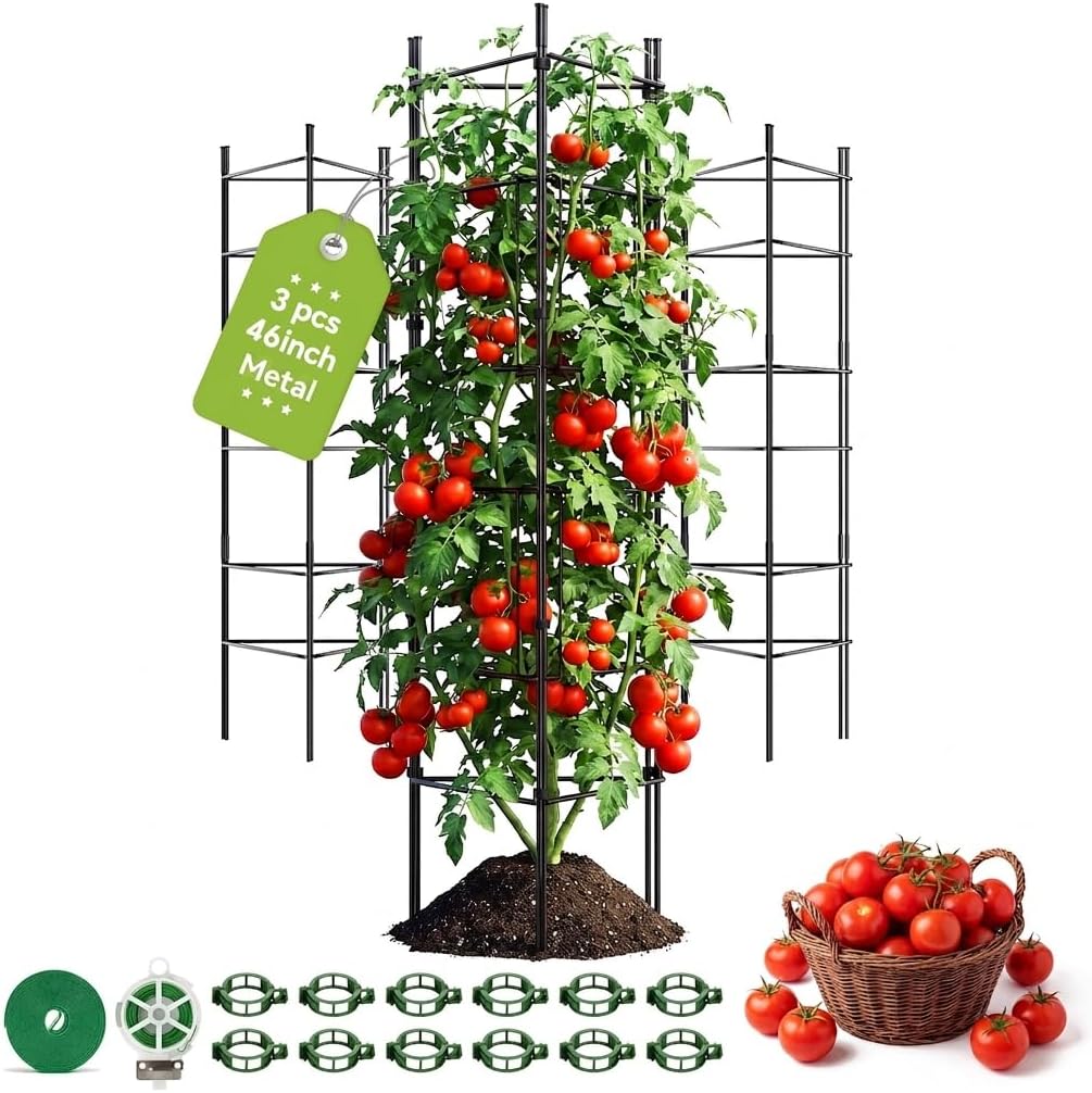 46 Inch Heavy Duty Metal Tomato Cage for Garden - 3 Pack Metal Steel Tomato Cages, Panel-Assembled Garden Trellis, Flexible Shapes Plant Support Set, Rustproof Stackable Trellis for Climbing Plants
