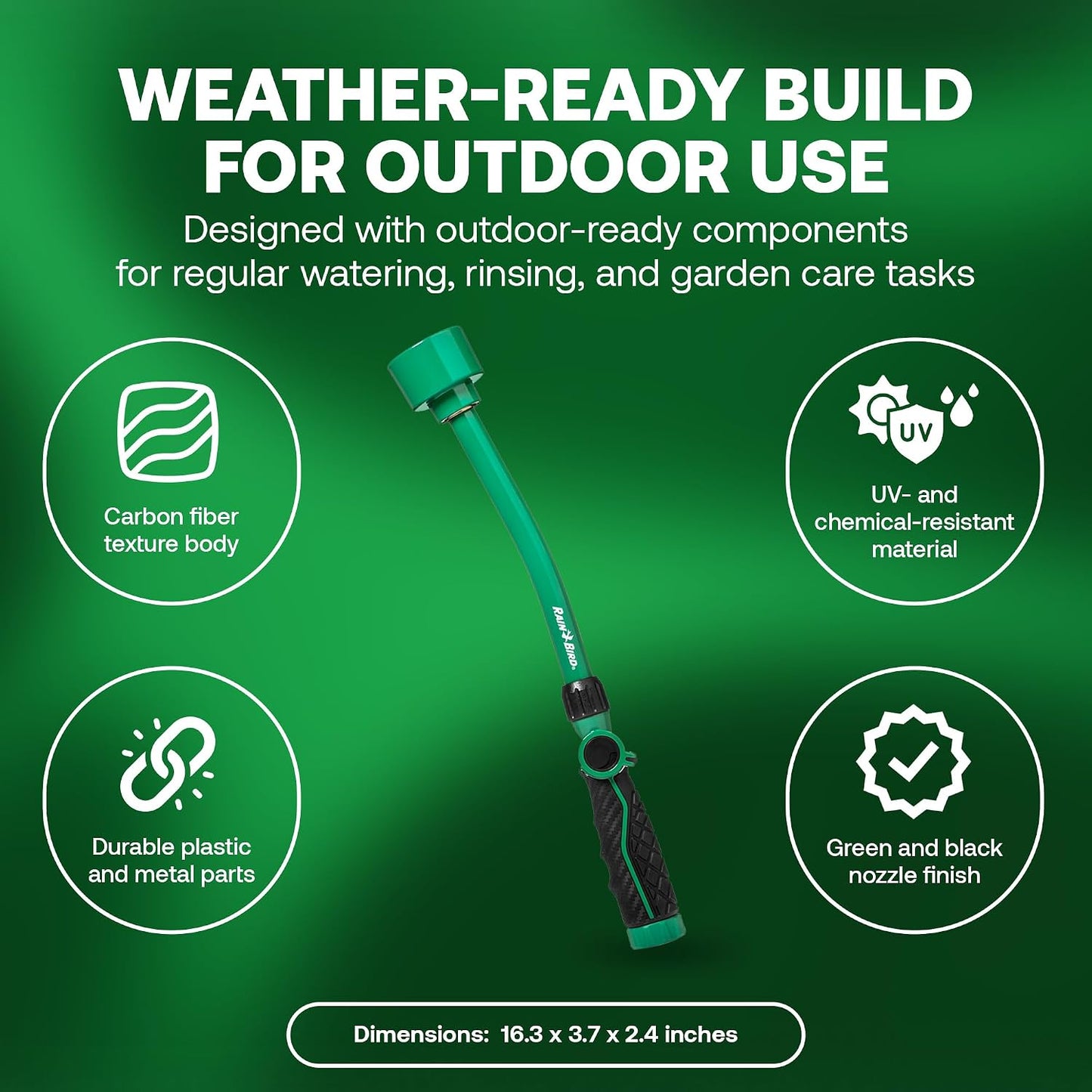 TCNZLWAND16 Watering Wand Garden Hose Nozzle, 16 Inch - Thumb Flow Control, Shower Spray Pattern, Comfort Grip, 3/4 in. GHT for Plants, Flower Beds & Outdoor Cleaning - Green and Black