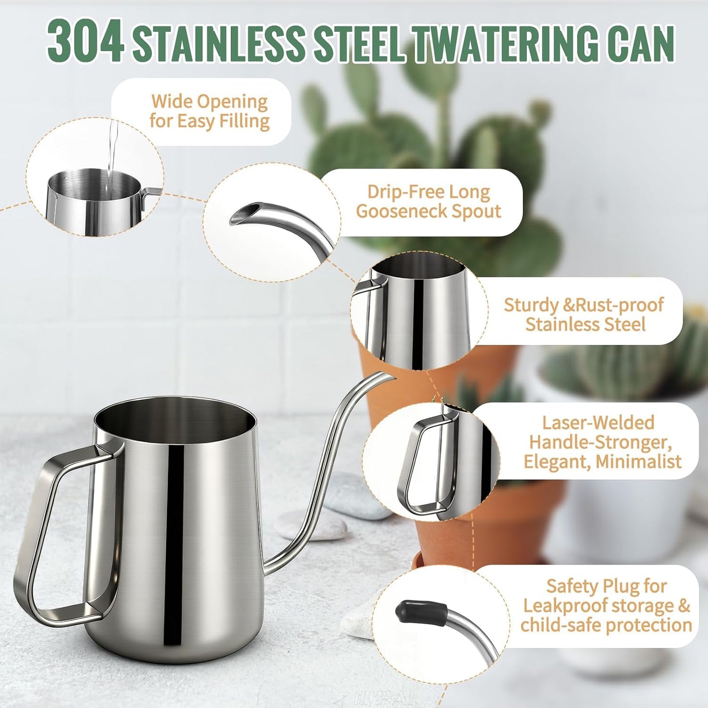 Small Watering Can for Indoor Plants - 20 oz Mini Indoor Watering Can with Long Spout Gooseneck Rust-Proof Stainless Steel Tiny Watering Kettle for Small Plants