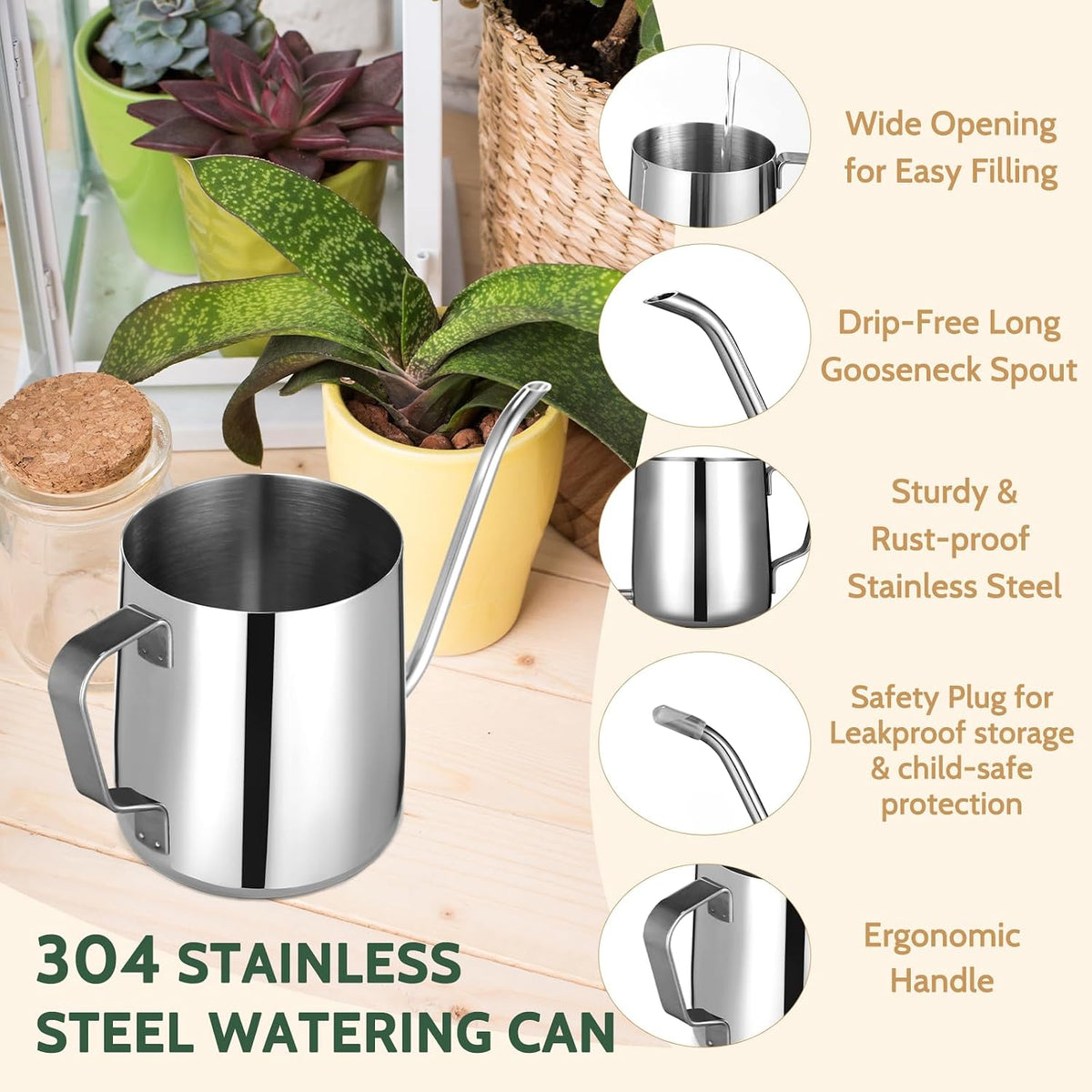 Small Watering Can for Indoor Plants - 20 oz Mini Indoor Watering Can with Long Spout Gooseneck Rust-Proof Stainless Steel Tiny Watering Kettle for Small Plants