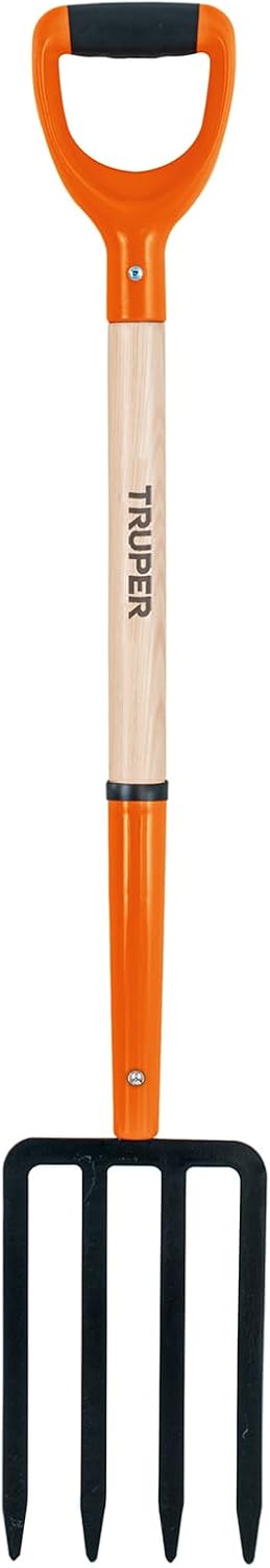 Garden Fork, 4 Tines, 29-Inch Ash Wood Handle with Comfort Grip Y Handle, Forged One-Piece Steel Head (Model BJ-4P / 11018)