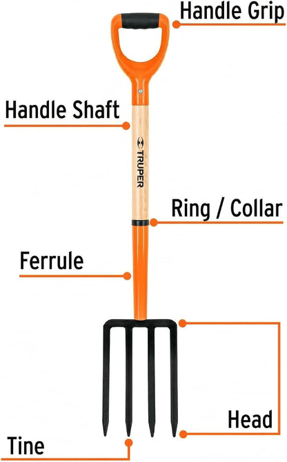 Garden Fork, 4 Tines, 29-Inch Ash Wood Handle with Comfort Grip Y Handle, Forged One-Piece Steel Head (Model BJ-4P / 11018)