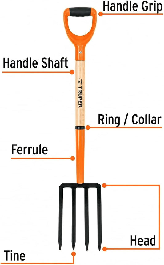Garden Fork, 4 Tines, 29-Inch Ash Wood Handle with Comfort Grip Y Handle, Forged One-Piece Steel Head (Model BJ-4P / 11018)