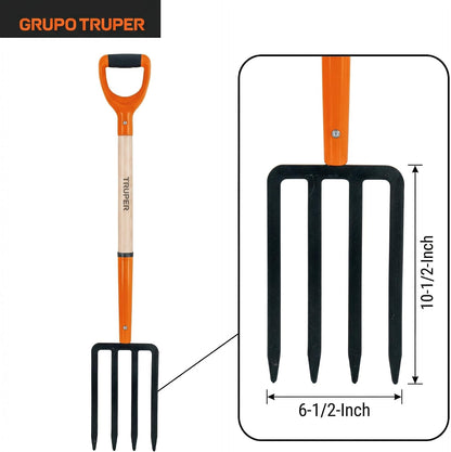 Garden Fork, 4 Tines, 29-Inch Ash Wood Handle with Comfort Grip Y Handle, Forged One-Piece Steel Head (Model BJ-4P / 11018)