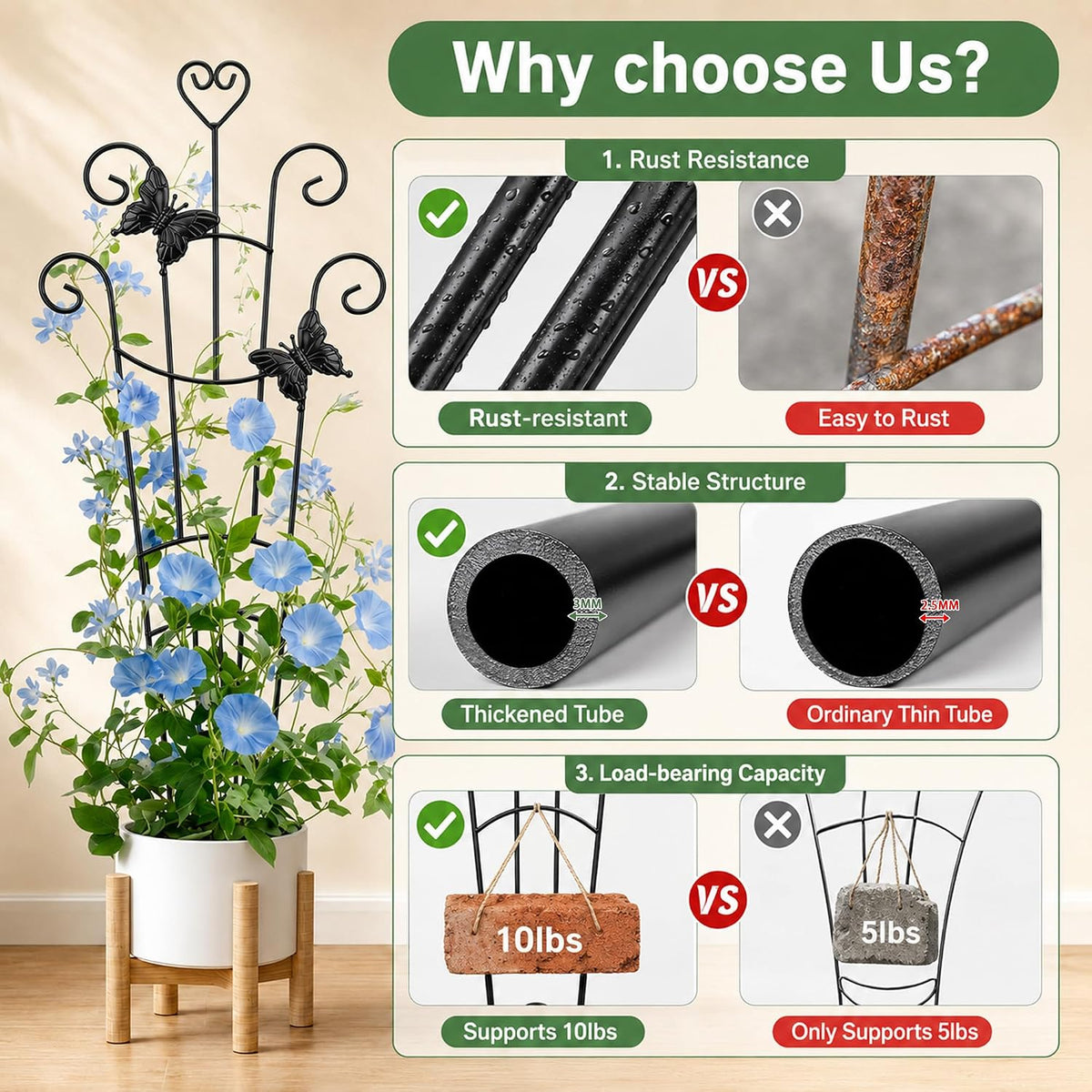 32.6in Plant Trellis for Climbing Plants Indoor Outdoor, Expandable Large Metal Garden Trellis for Potted Plants, Heavy-Duty Tall Pothos Plant Climber Support for Ivy Pothos Hoya Monstera, 2P
