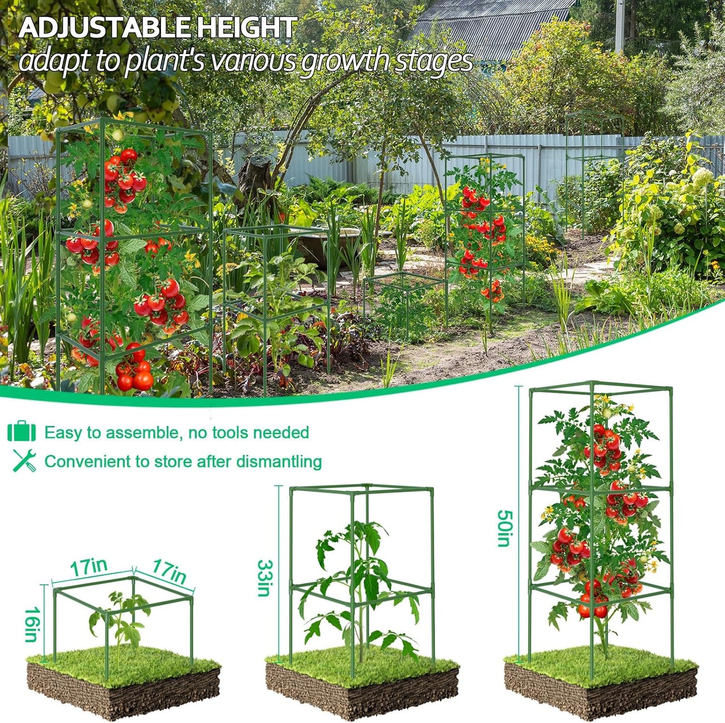 3 Pack Square Tomato Cages, 50in Plant Stakes Support Cages Trellis