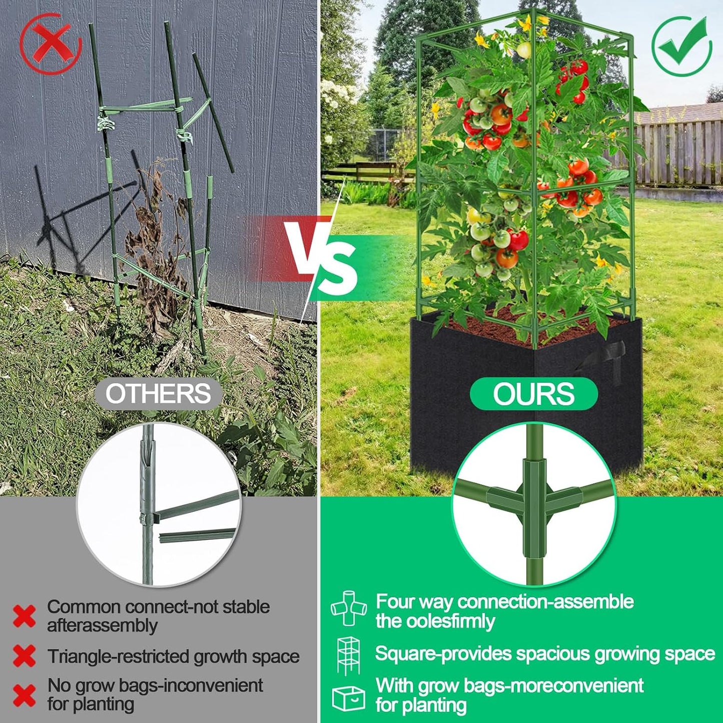 3 Pack Square Tomato Cages, 50in Plant Stakes Support Cages Trellis