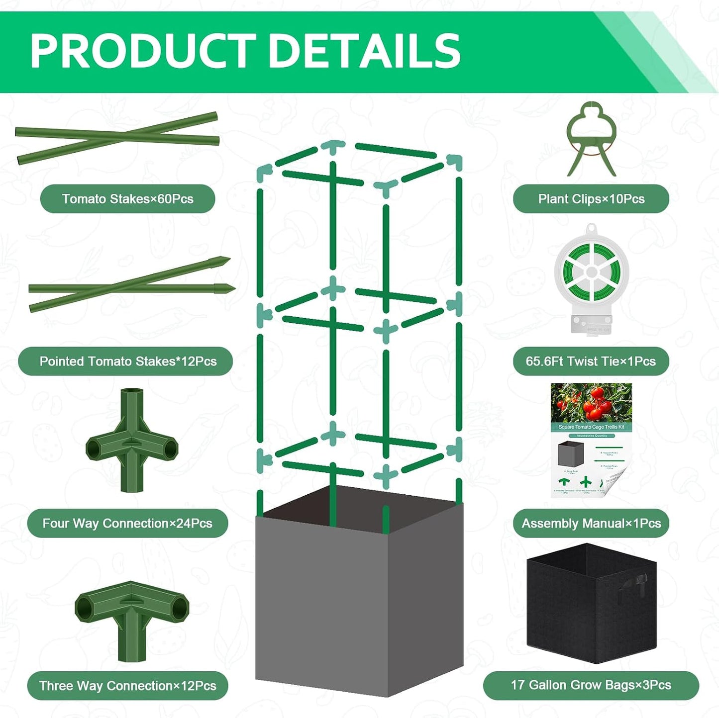 3 Pack Square Tomato Cages, 50in Plant Stakes Support Cages Trellis