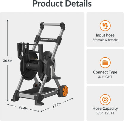 Garden Hose Reel Cart,125FT 5/8" Hose Capacity with Storage Basket