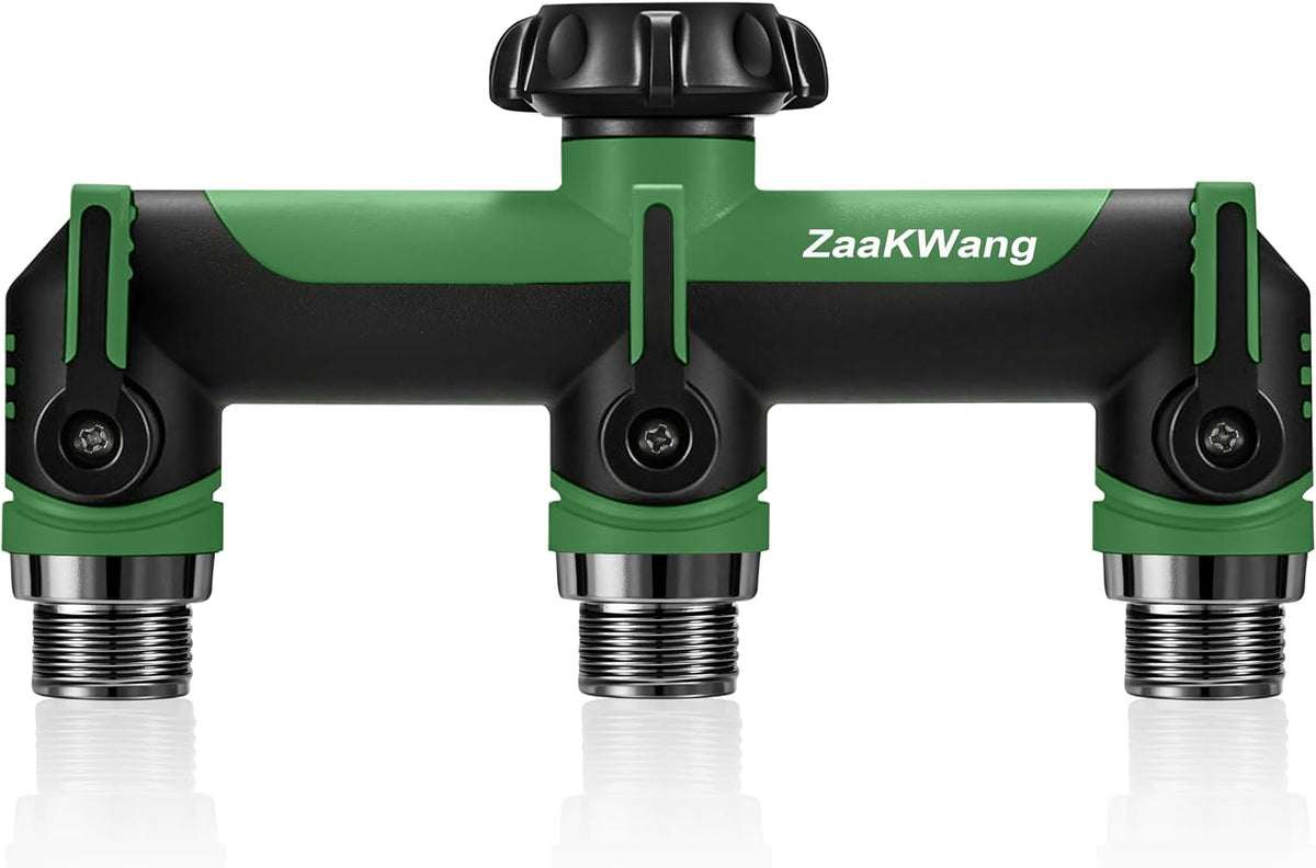 Garden Hose Splitter, 3 Way Hose Splitter, Heavy Duty Water Hose Bib Spigot Splitter, Outdoor Faucet Splitter with Shutoff Valve, T Adapter Connector with 3/4 - Inch GHT Thread (Green)