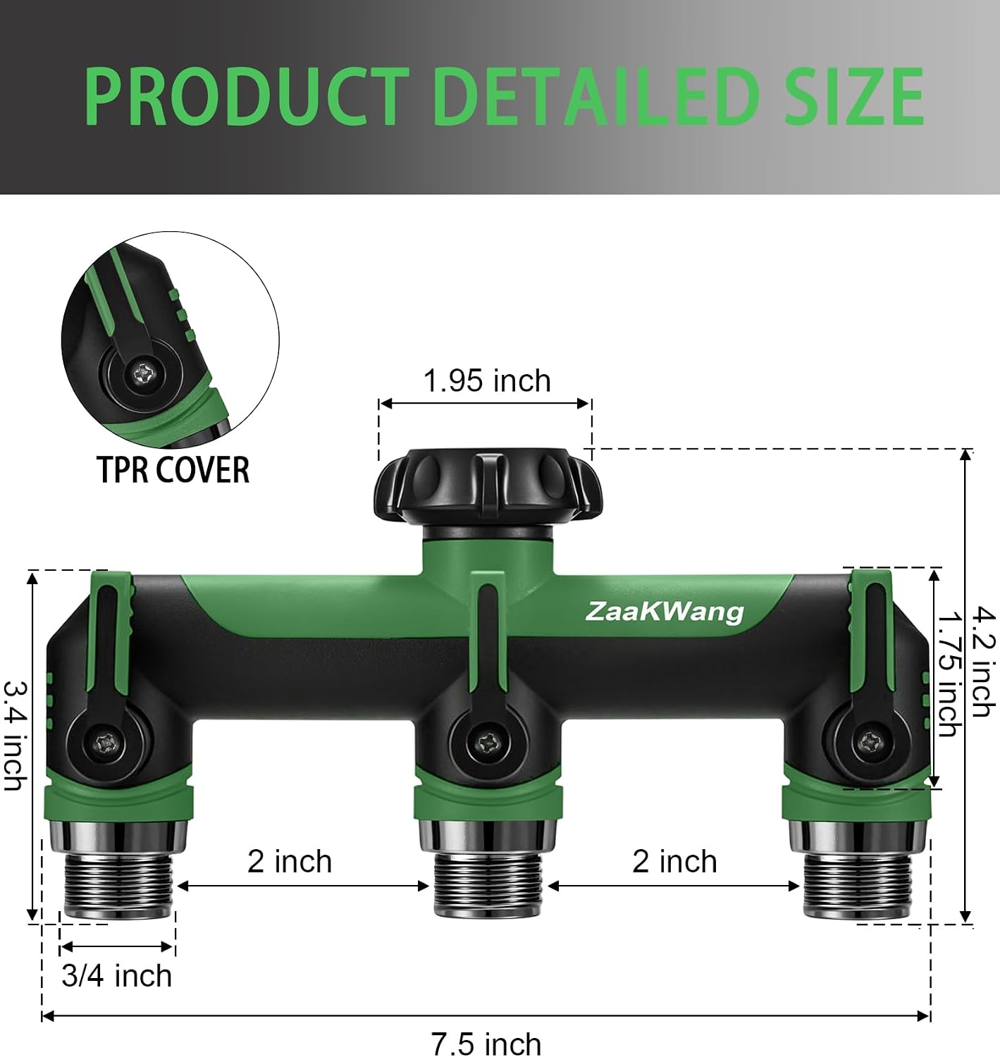 Garden Hose Splitter, 3 Way Hose Splitter, Heavy Duty Water Hose Bib Spigot Splitter, Outdoor Faucet Splitter with Shutoff Valve, T Adapter Connector with 3/4 - Inch GHT Thread (Green)