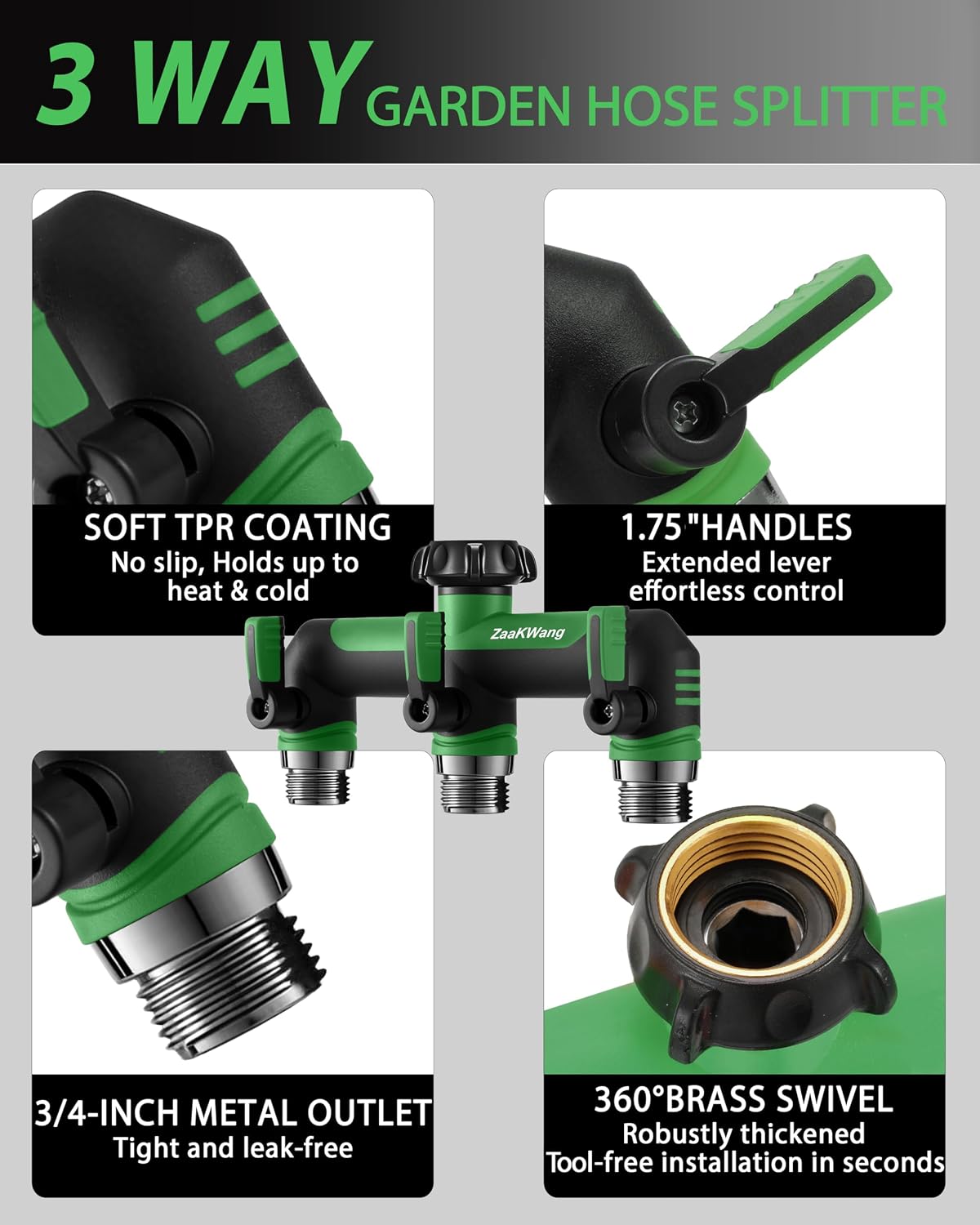 Garden Hose Splitter, 3 Way Hose Splitter, Heavy Duty Water Hose Bib Spigot Splitter, Outdoor Faucet Splitter with Shutoff Valve, T Adapter Connector with 3/4 - Inch GHT Thread (Green)