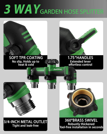Garden Hose Splitter, 3 Way Hose Splitter, Heavy Duty Water Hose Bib Spigot Splitter, Outdoor Faucet Splitter with Shutoff Valve, T Adapter Connector with 3/4 - Inch GHT Thread (Green)
