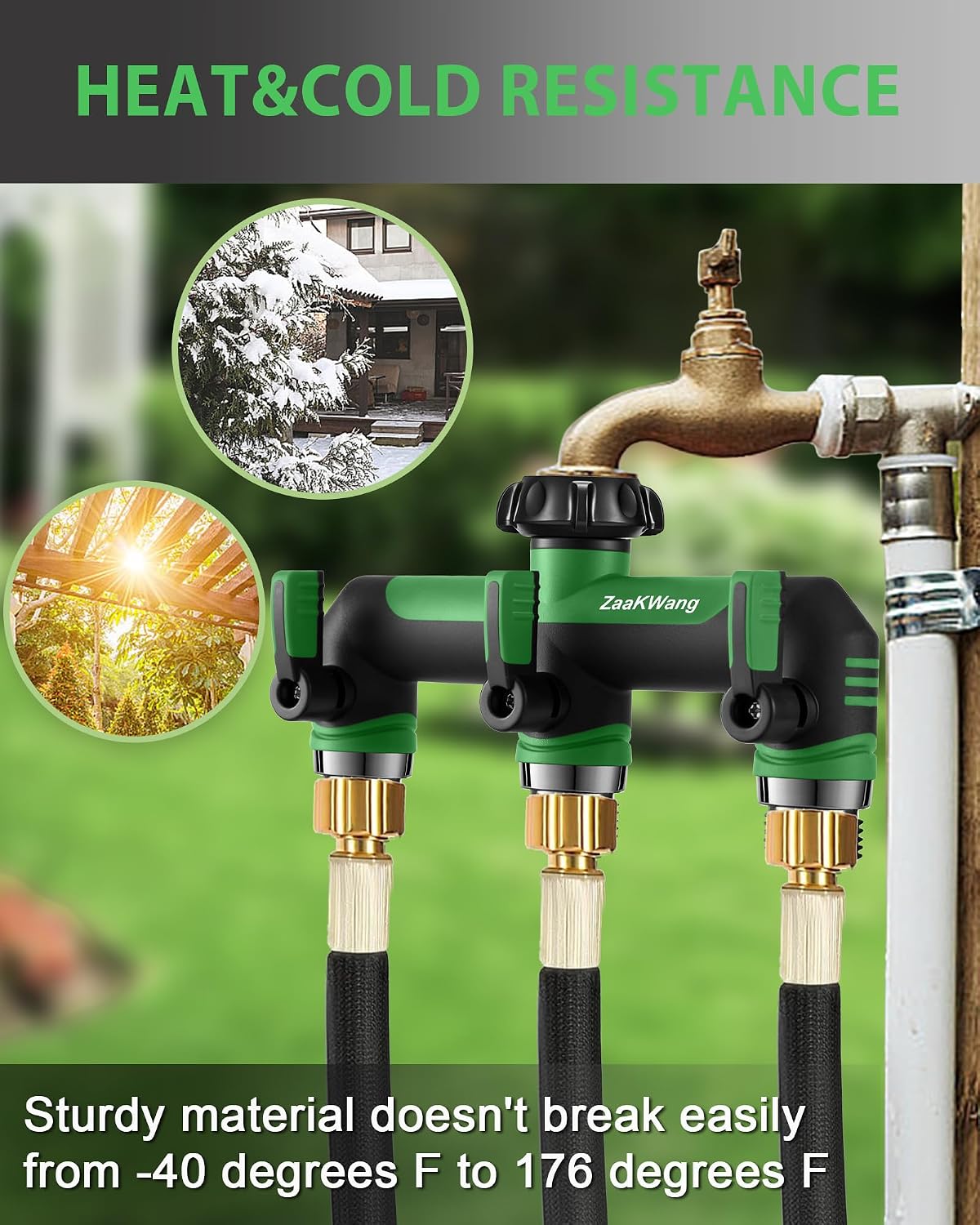Garden Hose Splitter, 3 Way Hose Splitter, Heavy Duty Water Hose Bib Spigot Splitter, Outdoor Faucet Splitter with Shutoff Valve, T Adapter Connector with 3/4 - Inch GHT Thread (Green)