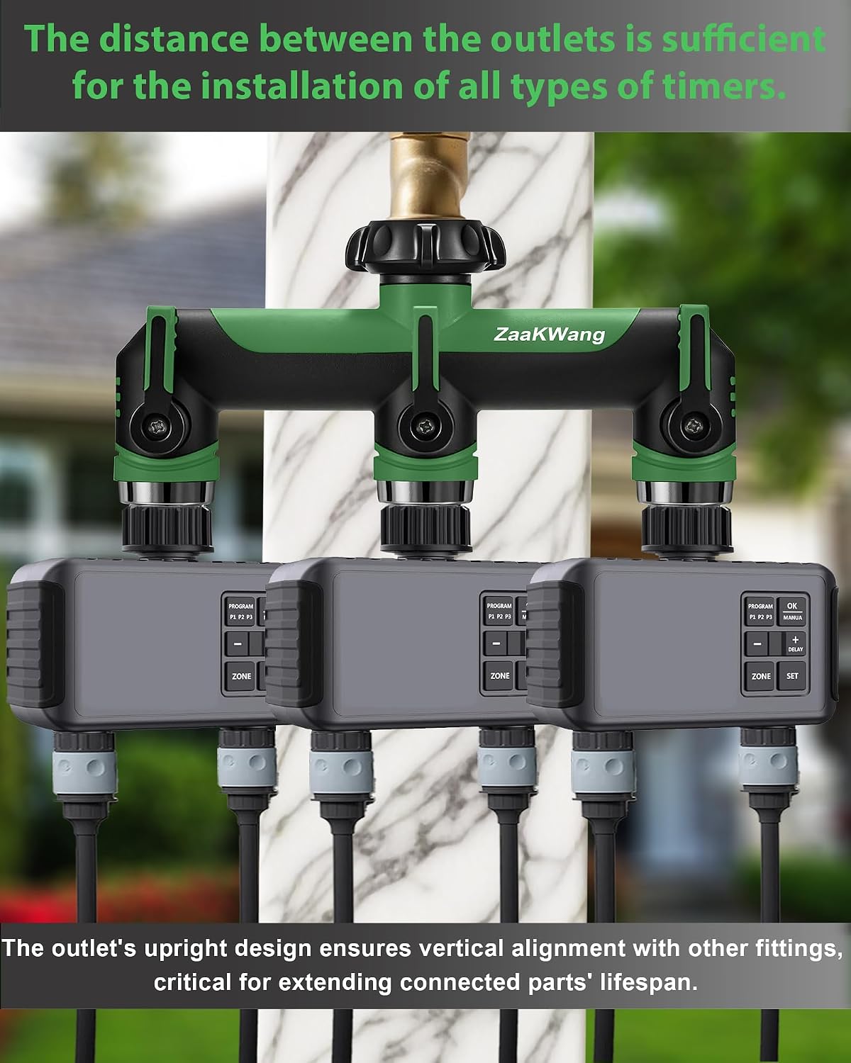 Garden Hose Splitter, 3 Way Hose Splitter, Heavy Duty Water Hose Bib Spigot Splitter, Outdoor Faucet Splitter with Shutoff Valve, T Adapter Connector with 3/4 - Inch GHT Thread (Green)
