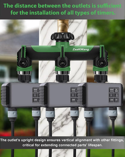 Garden Hose Splitter, 3 Way Hose Splitter, Heavy Duty Water Hose Bib Spigot Splitter, Outdoor Faucet Splitter with Shutoff Valve, T Adapter Connector with 3/4 - Inch GHT Thread (Green)