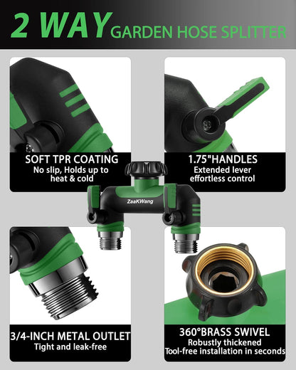 Garden Hose Splitter, 3 Way Hose Splitter, Heavy Duty Water Hose Bib Spigot Splitter, Outdoor Faucet Splitter with Shutoff Valve, T Adapter Connector with 3/4 - Inch GHT Thread (Green)