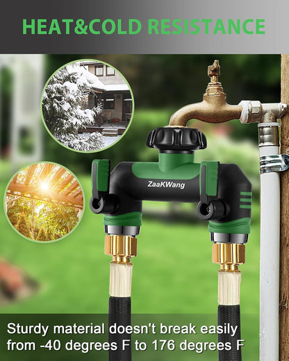 Garden Hose Splitter, 3 Way Hose Splitter, Heavy Duty Water Hose Bib Spigot Splitter, Outdoor Faucet Splitter with Shutoff Valve, T Adapter Connector with 3/4 - Inch GHT Thread (Green)