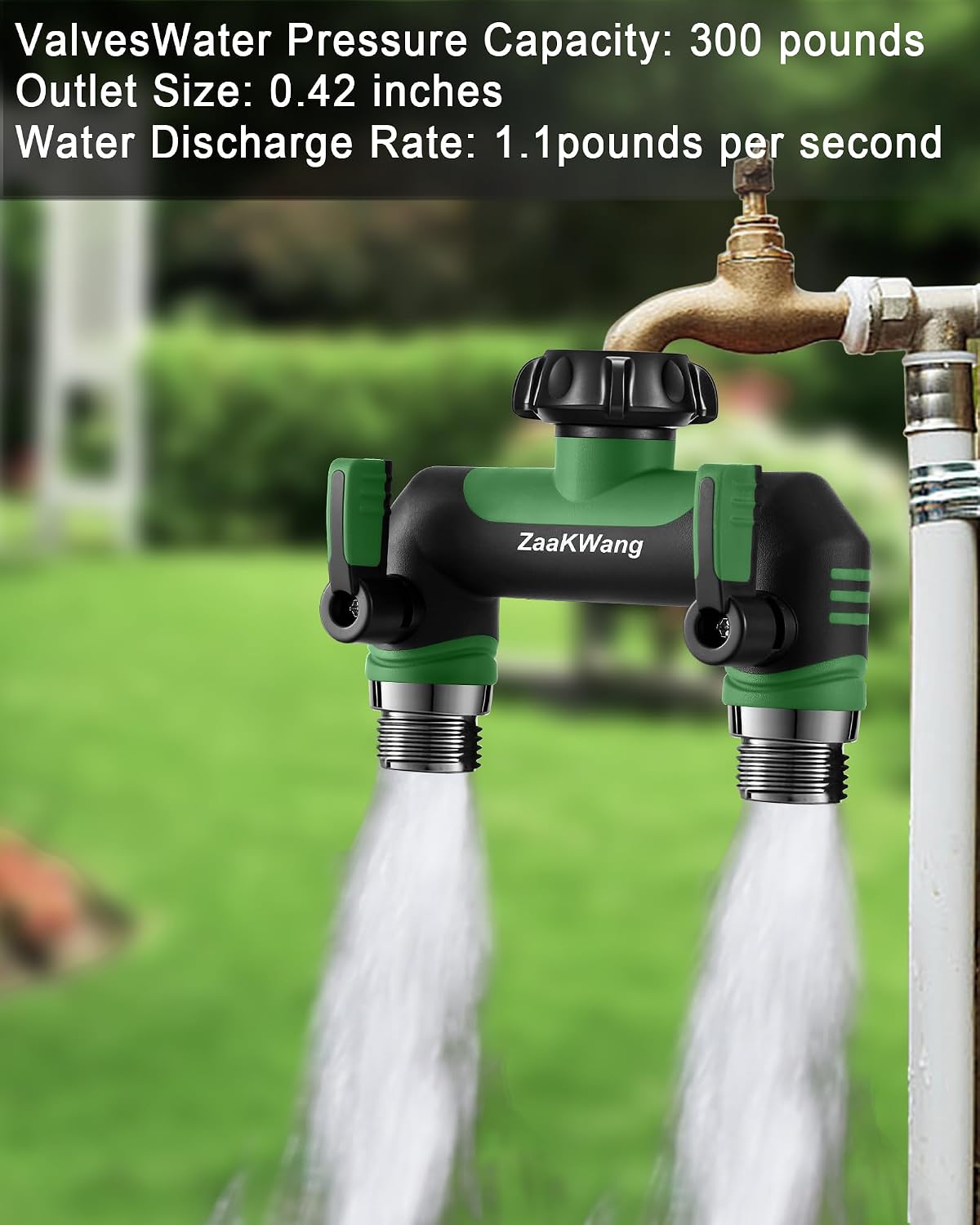 Garden Hose Splitter, 3 Way Hose Splitter, Heavy Duty Water Hose Bib Spigot Splitter, Outdoor Faucet Splitter with Shutoff Valve, T Adapter Connector with 3/4 - Inch GHT Thread (Green)