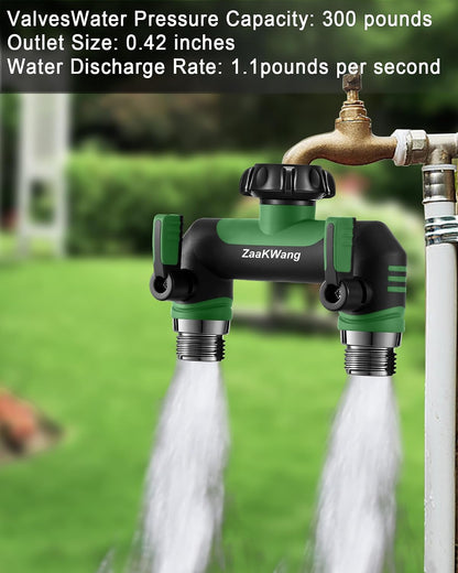 Garden Hose Splitter, 3 Way Hose Splitter, Heavy Duty Water Hose Bib Spigot Splitter, Outdoor Faucet Splitter with Shutoff Valve, T Adapter Connector with 3/4 - Inch GHT Thread (Green)