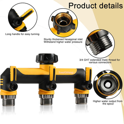 Garden Hose Splitter, 3 Way Hose Splitter, Heavy Duty Water Hose Bib Spigot Splitter, Outdoor Faucet Splitter with Shutoff Valve, T Adapter Connector with 3/4 - Inch GHT Thread (Green)