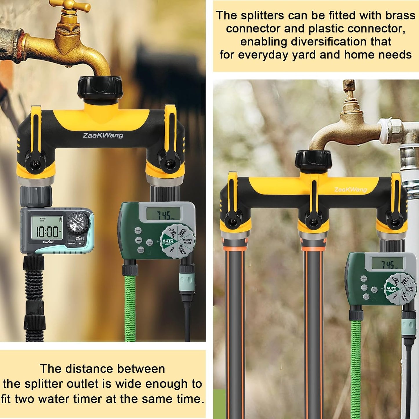 Garden Hose Splitter, 3 Way Hose Splitter, Heavy Duty Water Hose Bib Spigot Splitter, Outdoor Faucet Splitter with Shutoff Valve, T Adapter Connector with 3/4 - Inch GHT Thread (Green)