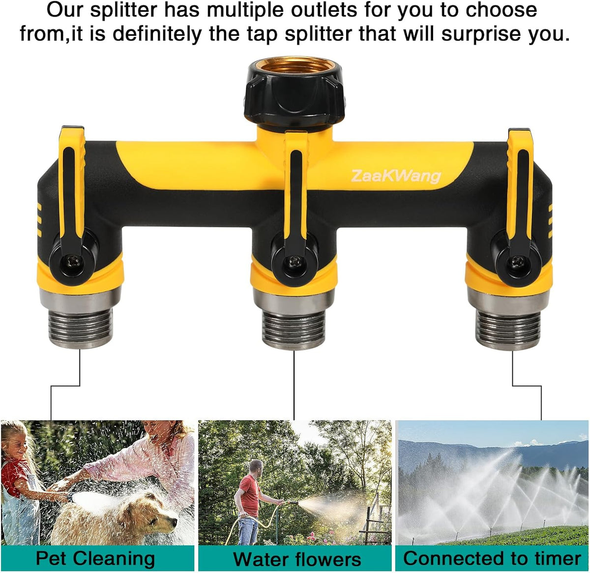 Garden Hose Splitter, 3 Way Hose Splitter, Heavy Duty Water Hose Bib Spigot Splitter, Outdoor Faucet Splitter with Shutoff Valve, T Adapter Connector with 3/4 - Inch GHT Thread (Green)