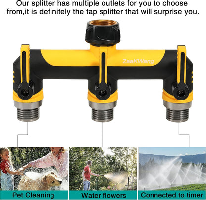 Garden Hose Splitter, 3 Way Hose Splitter, Heavy Duty Water Hose Bib Spigot Splitter, Outdoor Faucet Splitter with Shutoff Valve, T Adapter Connector with 3/4 - Inch GHT Thread (Green)