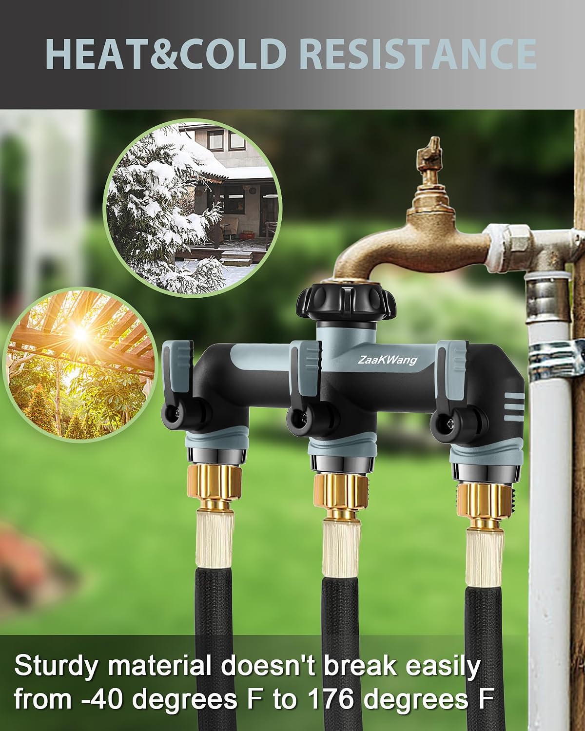 Garden Hose Splitter, 3 Way Hose Splitter, Heavy Duty Water Hose Bib Spigot Splitter, Outdoor Faucet Splitter with Shutoff Valve, T Adapter Connector with 3/4 - Inch GHT Thread (Green)