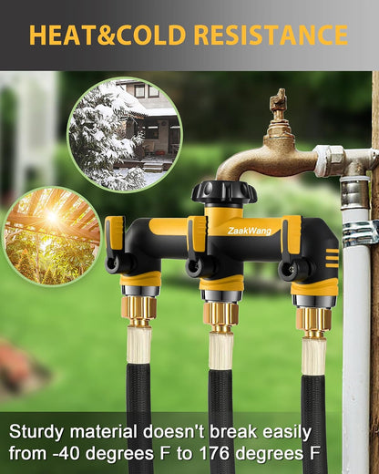Garden Hose Splitter, 3 Way Hose Splitter, Heavy Duty Water Hose Bib Spigot Splitter, Outdoor Faucet Splitter with Shutoff Valve, T Adapter Connector with 3/4 - Inch GHT Thread (Green)