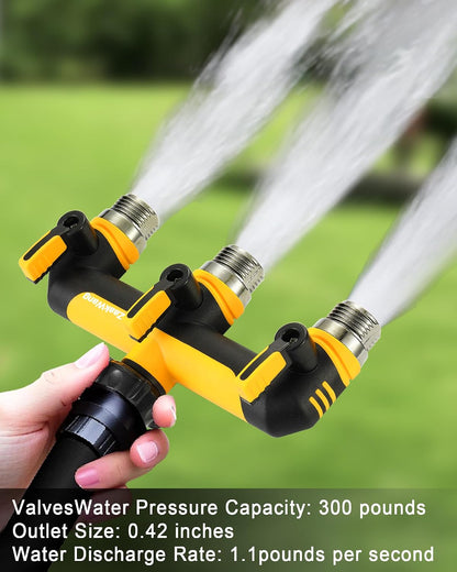 Garden Hose Splitter, 3 Way Hose Splitter, Heavy Duty Water Hose Bib Spigot Splitter, Outdoor Faucet Splitter with Shutoff Valve, T Adapter Connector with 3/4 - Inch GHT Thread (Green)
