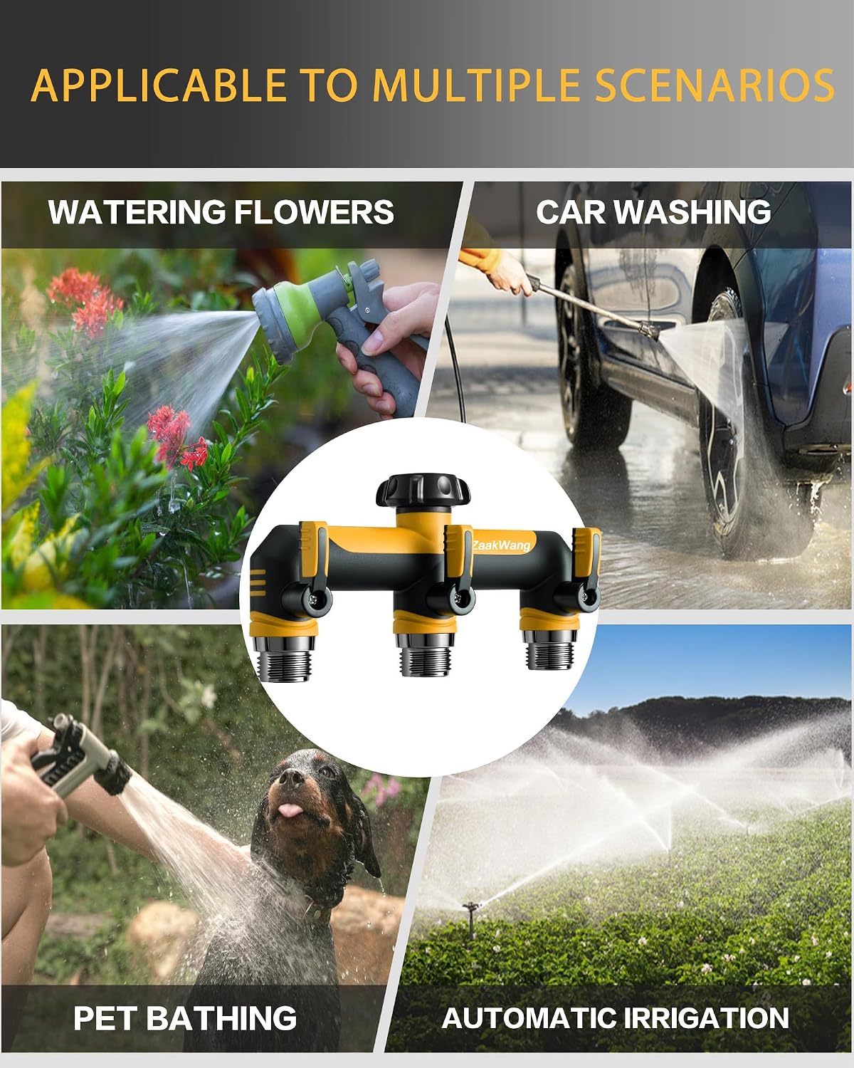Garden Hose Splitter, 3 Way Hose Splitter, Heavy Duty Water Hose Bib Spigot Splitter, Outdoor Faucet Splitter with Shutoff Valve, T Adapter Connector with 3/4 - Inch GHT Thread (Green)