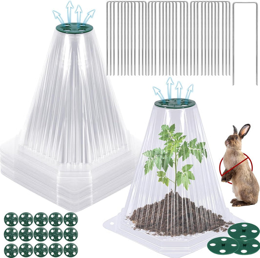 20 Pack Garden Cloches for Plants with 40PCS Ground Stakes,Clear Reusable Bell Covers with Rotatable Vent for Plant Protection,Garden Protector from Animals Birds Chicken,7.9" H X 6.7" D