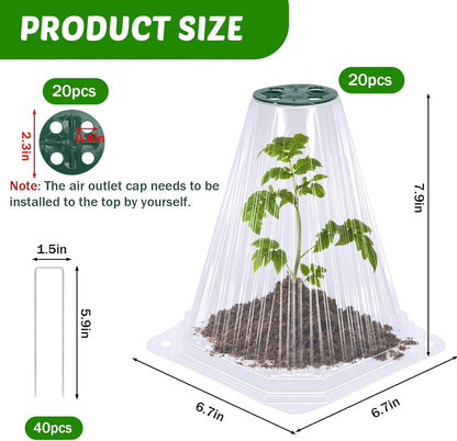 20 Pack Garden Cloches for Plants with 40PCS Ground Stakes,Clear Reusable Bell Covers with Rotatable Vent for Plant Protection,Garden Protector from Animals Birds Chicken,7.9" H X 6.7" D